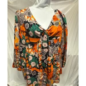 ladies vibrant orange green black flared sleeve and bottom sheer lined top M/L